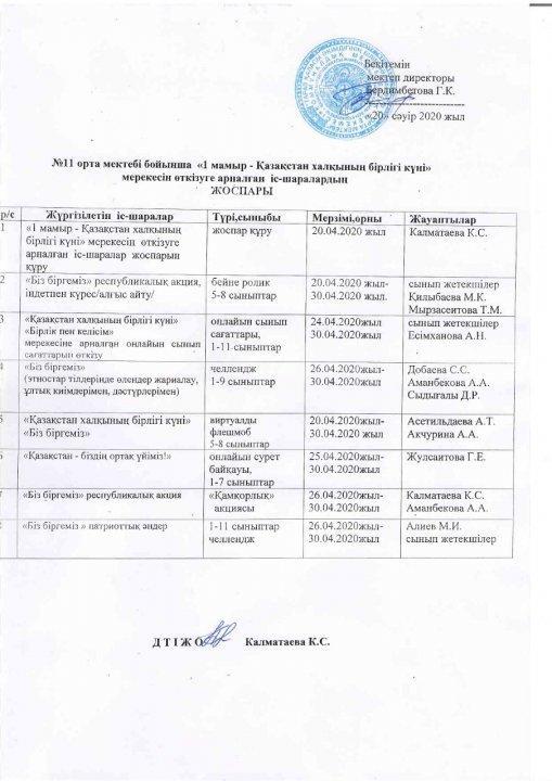 "1-мамыр-Қазақстан халқының бірлігі күні" мерекесін өткізуге арналған іс-шаралардың жоспары