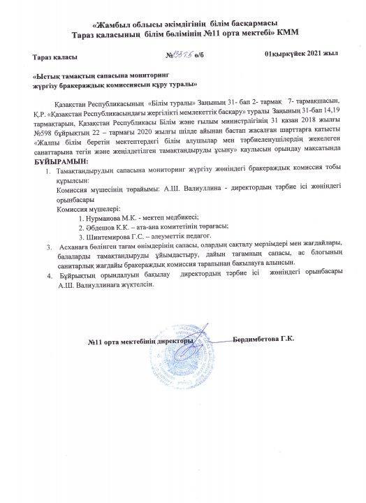Ыстық тамақтың сапасына мониторинг жүргізу бракераждық комиссиясын құру туралы бұйрық