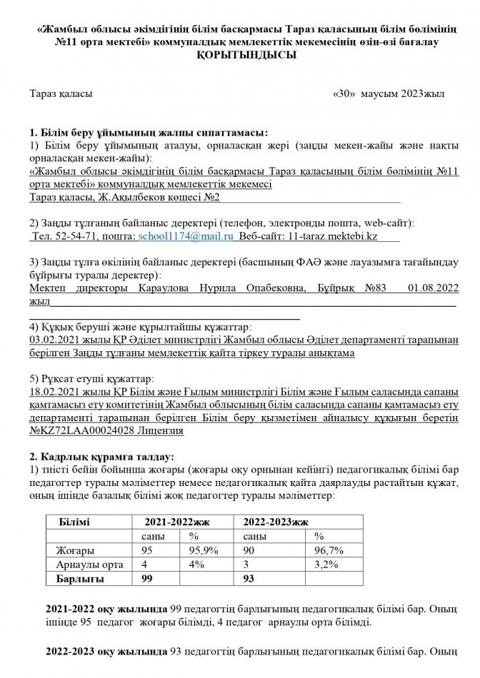 Өзін-өзі бағалау, № 11 орта мектебі